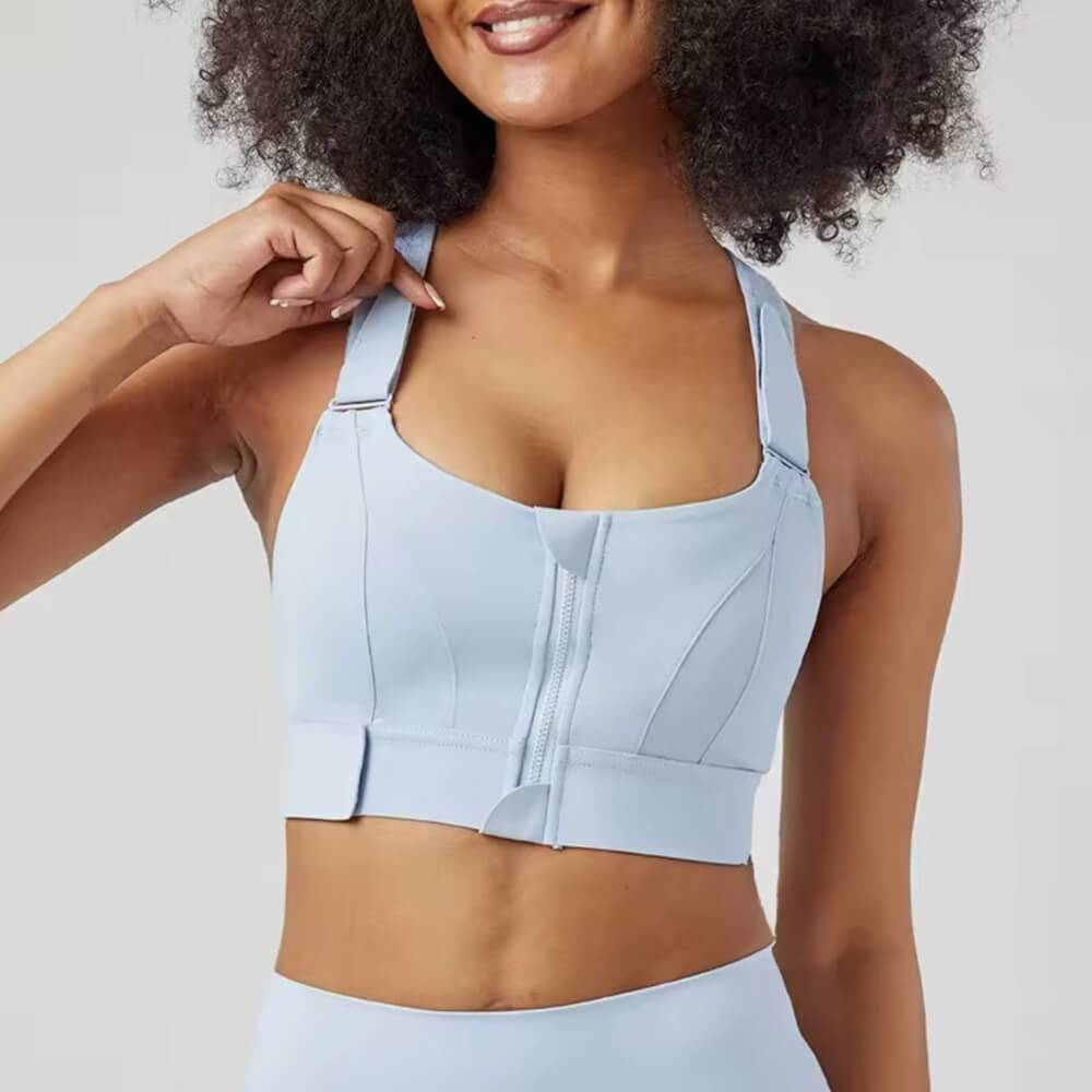 Blauer Ettos Active Bra mit Vorderverschluss, ideal für Sport und Fitness.