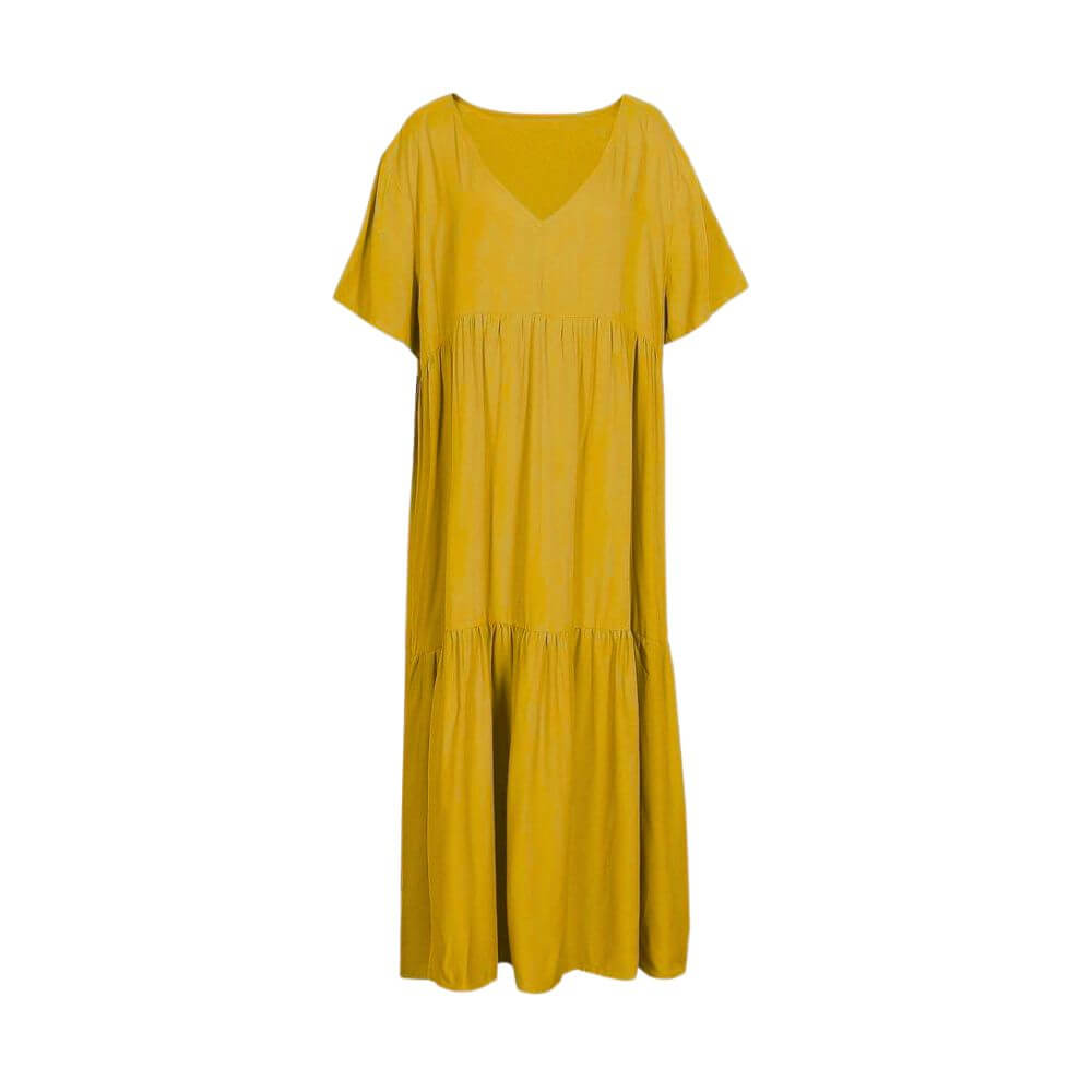 Gelbes Coraline Sommerkleid, ideal für Sommerausflüge, kombiniert fröhliche Farbe mit einer schmeichelhaften Passform.