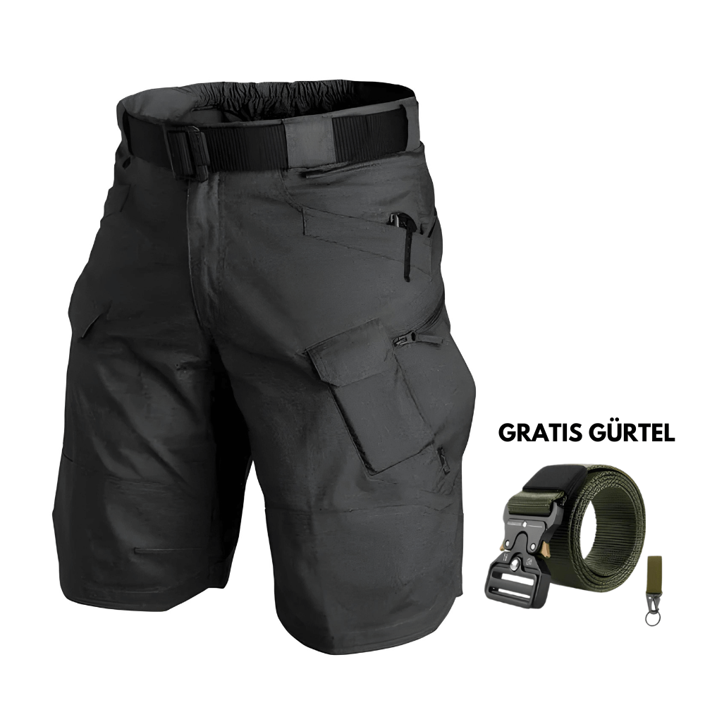 Schwarze Herren-Cargo-Shorts mit kostenlosem Gürtel – funktionale und strapazierfähige Hose für Outdoor und Freizeit.