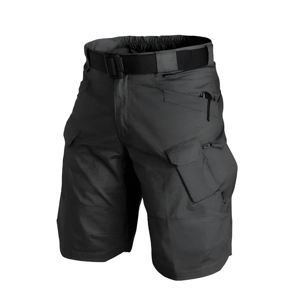 Schwarze taktische Cargo-Shorts mit geräumigen Taschen und elastischem Bund – perfekt für Abenteuer und Sport.