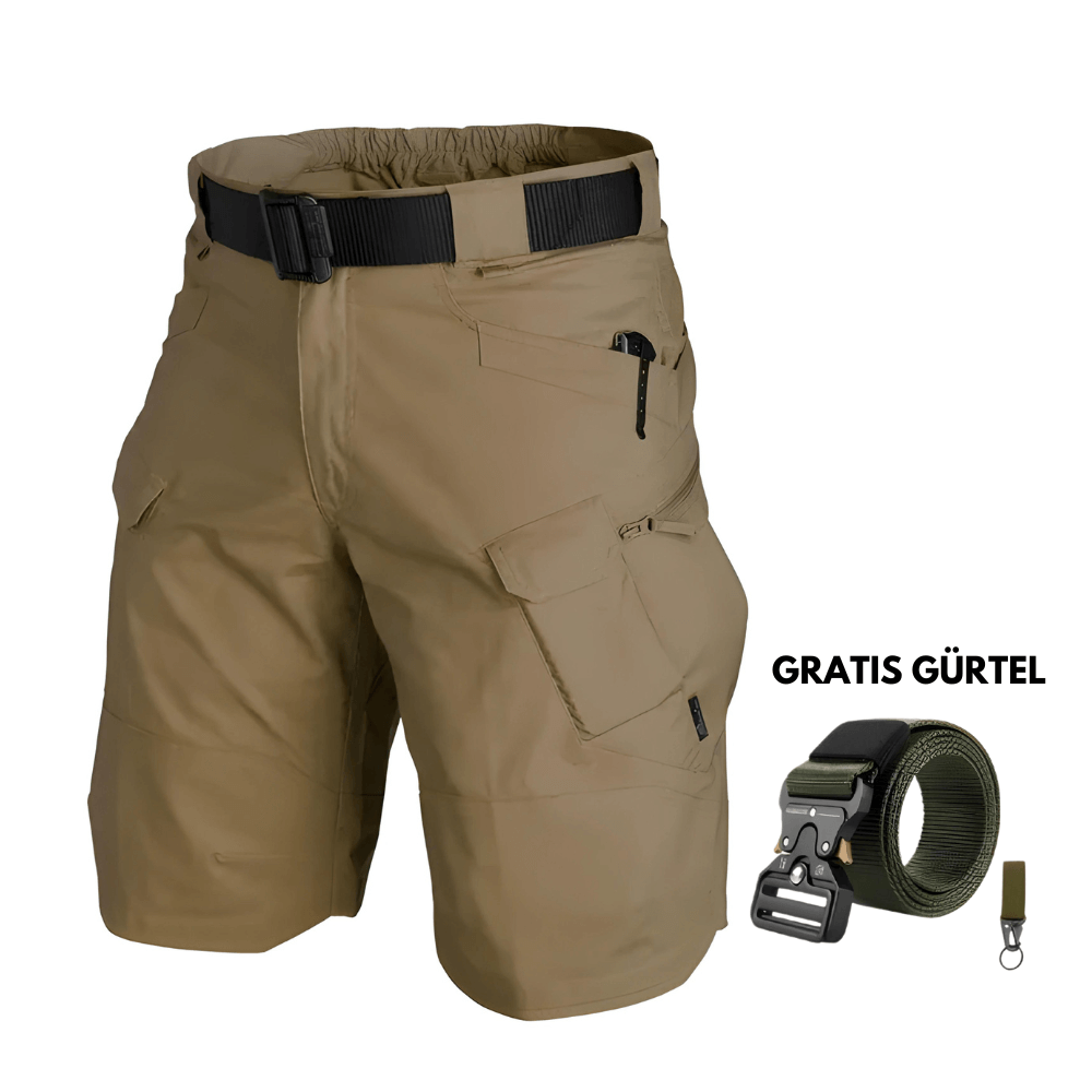 Cargo-Shorts in Braun mit atmungsaktivem Material und praktischem Gürtel – ideal für Sommer und Outdoor-Aktivitäten.