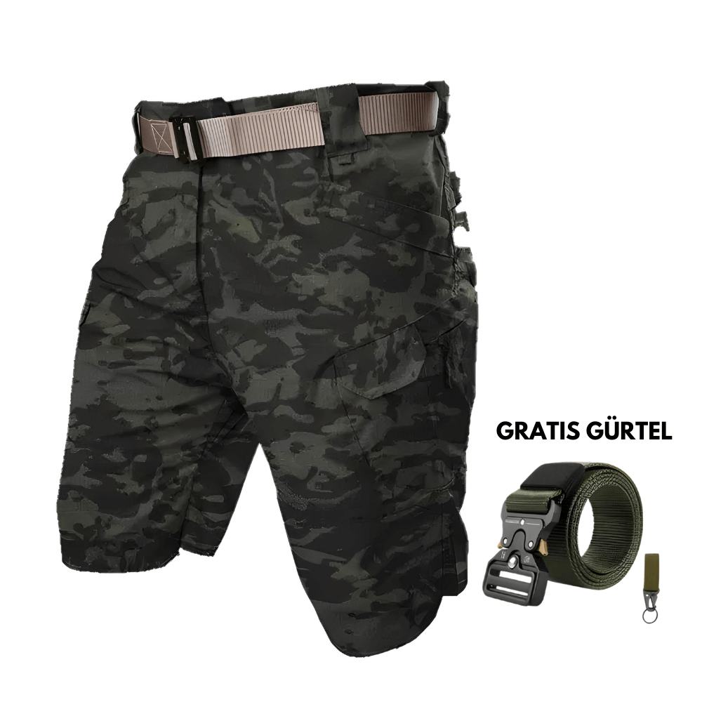 Dunkelgraue taktische Cargo-Shorts mit wasserabweisendem Material und sicheren Reißverschlusstaschen.