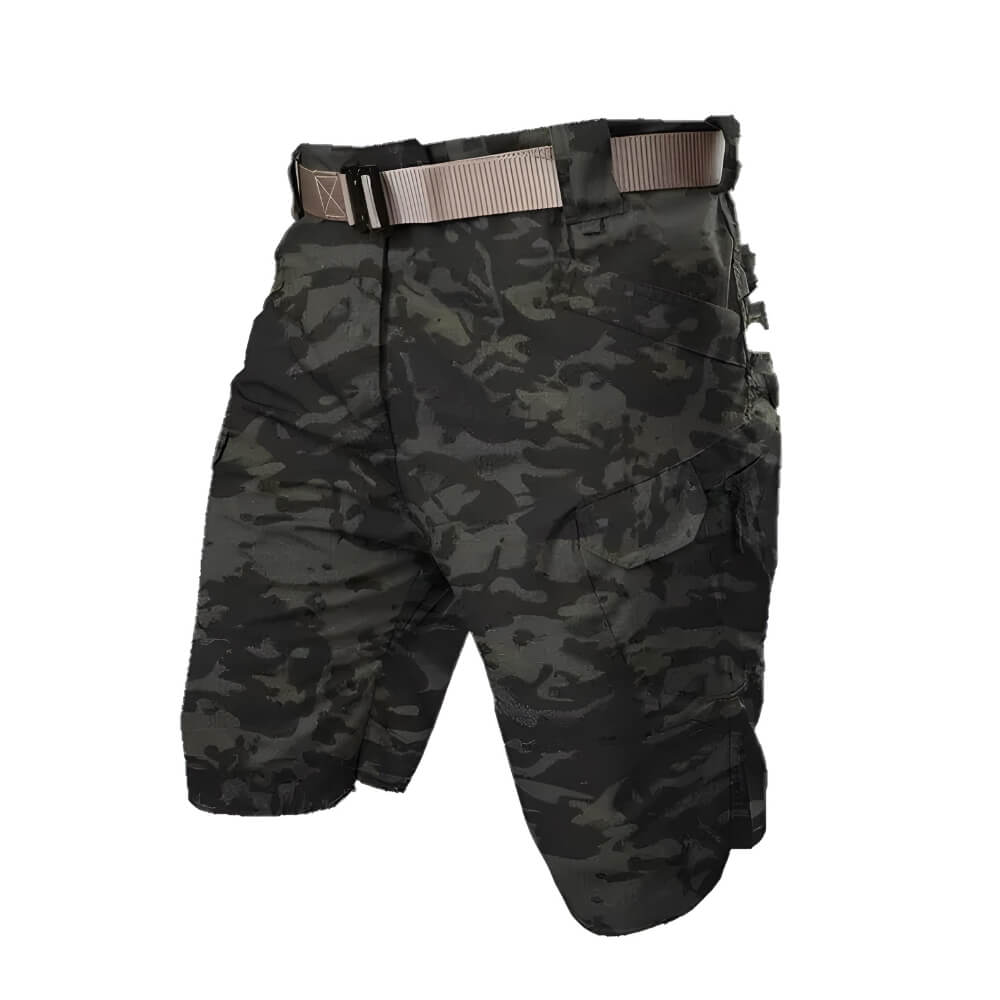Robuste dunkelgraue Cargoshorts mit mehreren Staufächern für Outdoor- und Arbeitskleidung.