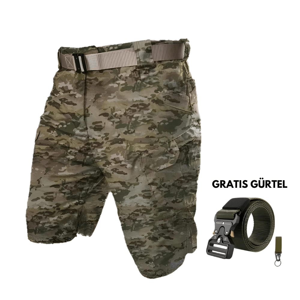 Taktische Cargoshorts in Dunkelgrün mit mehreren Taschen und robustem Design für Outdoor-Aktivitäten.