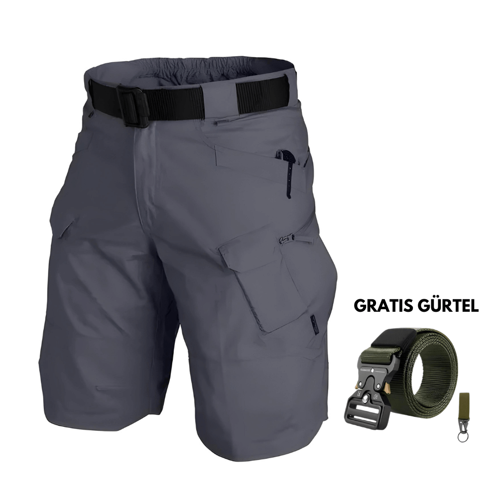 Graue taktische Cargoshorts mit robustem Gewebe und vielseitigen Taschen für den Alltag oder Outdoor.