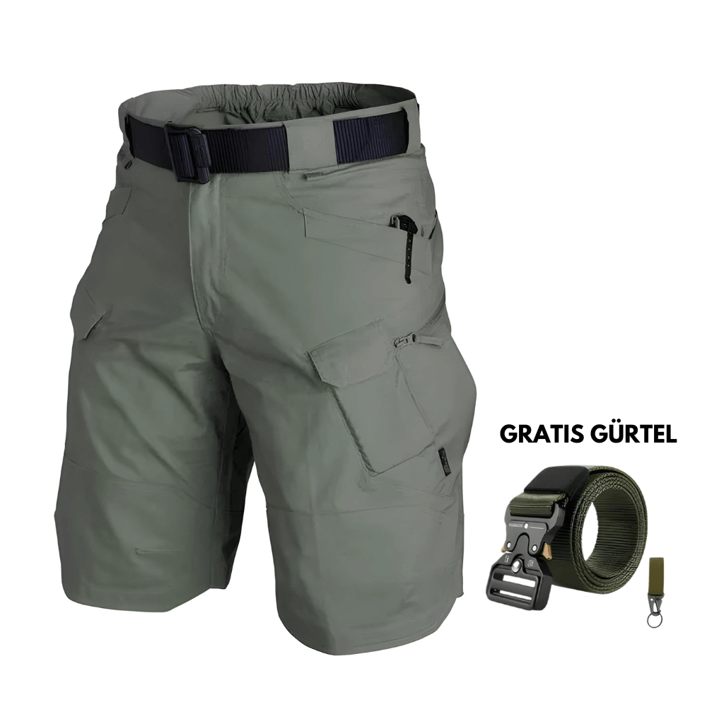 Grüne taktische Cargoshorts mit wasserabweisendem Material und ergonomischem Schnitt.