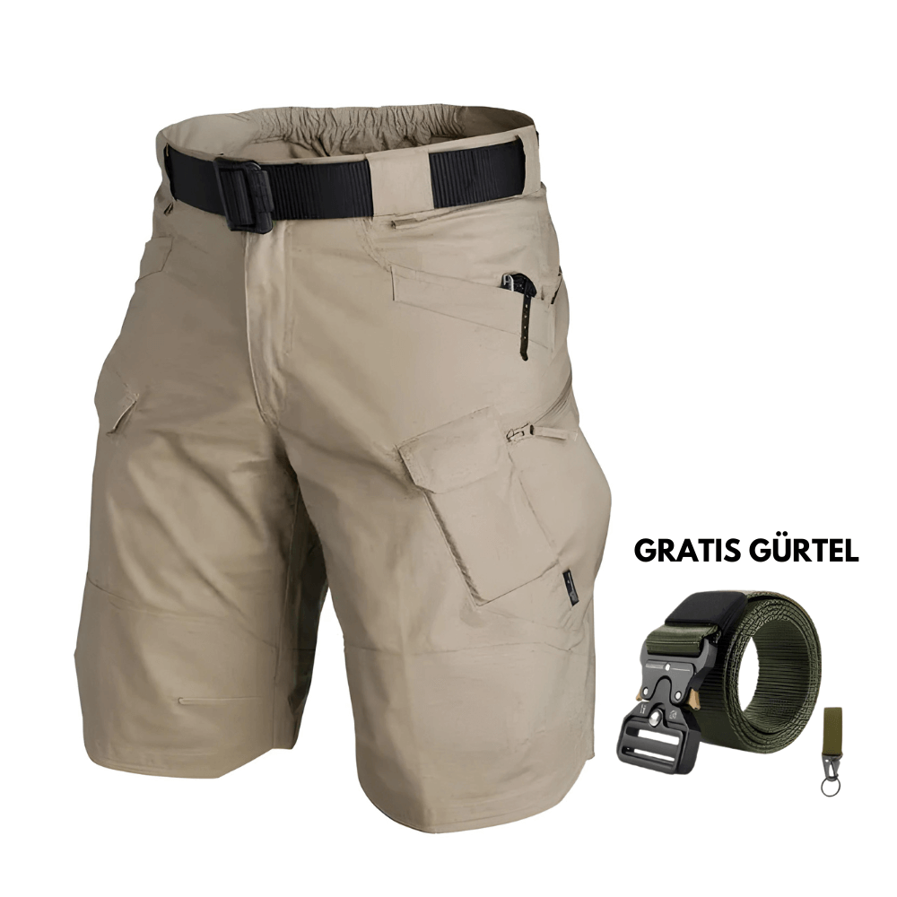 Leichte Khaki-Cargoshorts mit taktischen Details und verstellbarem Bund für perfekten Sitz.
