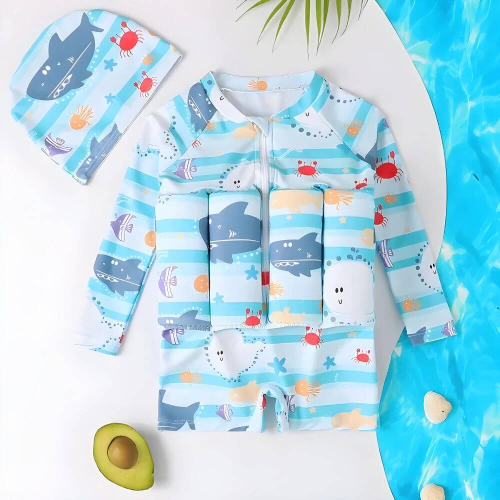 Sicher schwimmen lernen mit dem blauen SunnySplash Schwimmanzug mit süßem Delfin-Motiv.