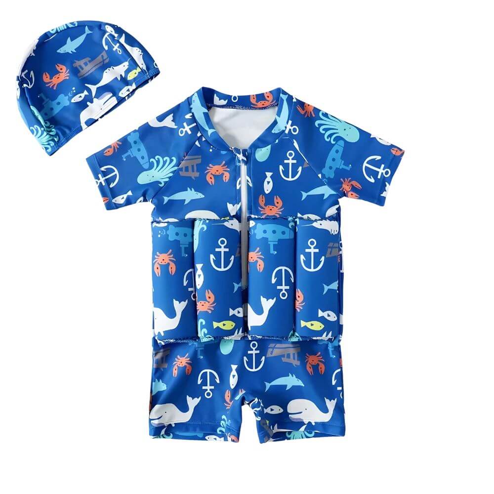 SunnySplash Schwimmanzug – Blau mit Fisch-Design, ideal für sicheres Schwimmenlernen.