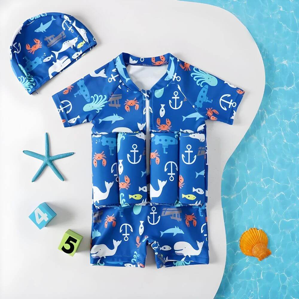Blaues Schwimmoutfit für Kinder mit Auftrieb – Fisch-Motiv & UV-Schutz SPF 50+