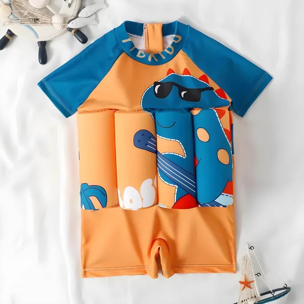 Sicherer Kinder-Schwimmanzug mit Auftrieb in Orange – Lustiges Dino-Motiv für Wasserspaß.