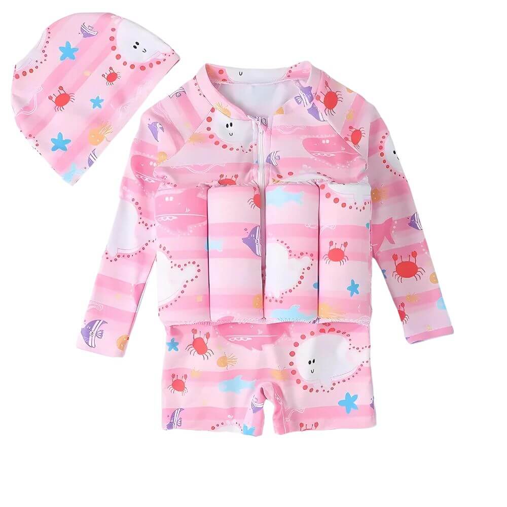 SunnySplash Kinder-Schwimmanzug – Pink mit Delfin-Motiv, Auftriebshilfe & UV-Schutz.