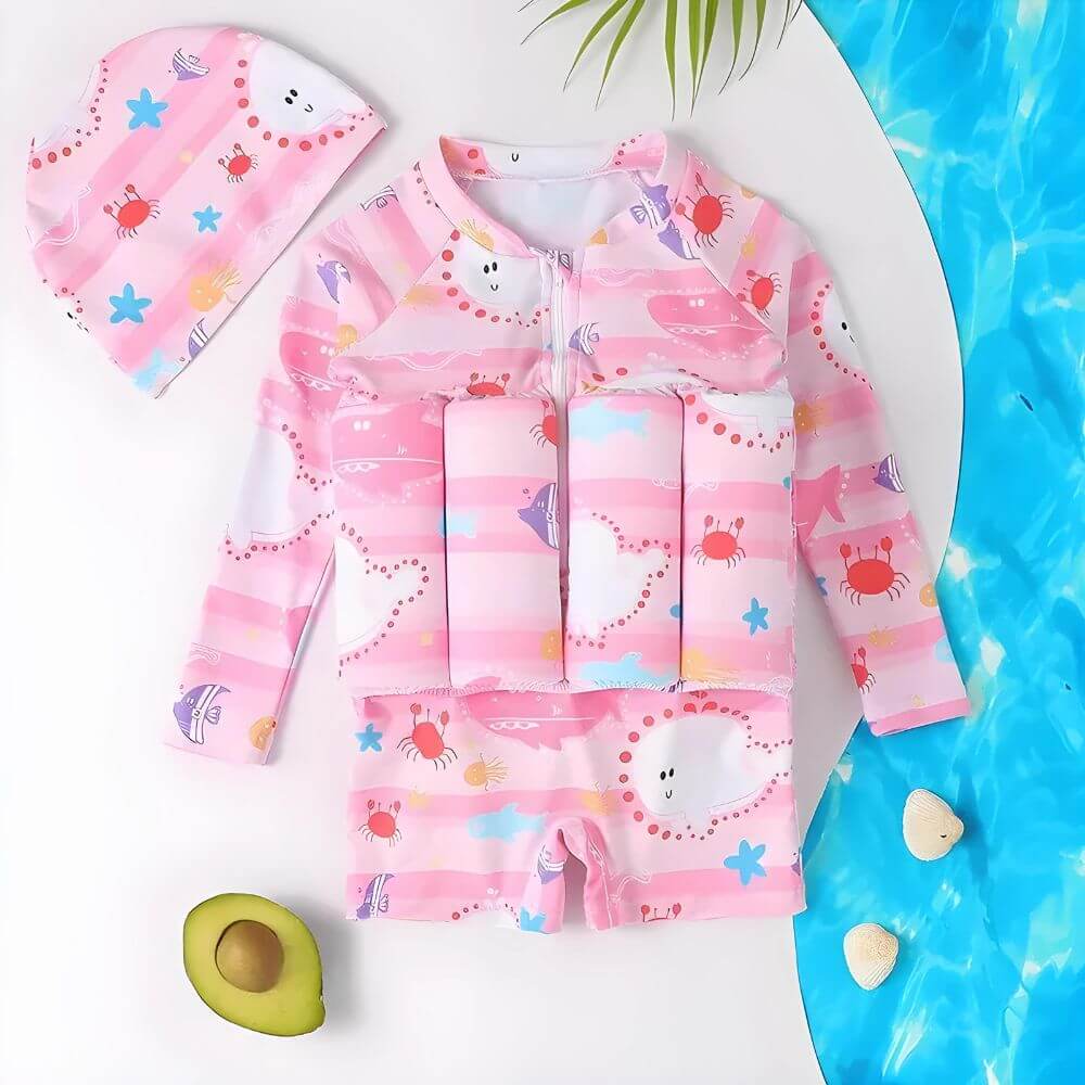 Kinderfreundlicher Schwimmanzug in Pink mit Delfinen – Schutz & Unterstützung beim Schwimmenlernen.