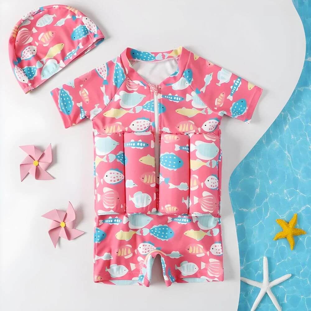 Sicher schwimmen mit dem pinken SunnySplash Schwimmanzug – Auftriebshilfe & UV-Schutz.