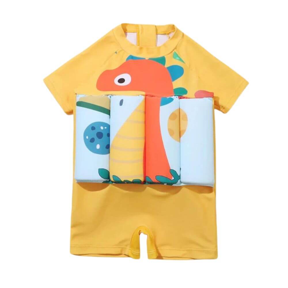 SunnySplash Schwimmanzug für Kinder – Gelb mit süßem Dinosaurier-Design & Auftriebssystem.