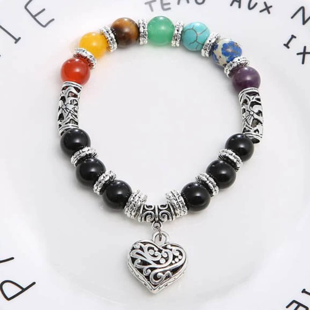 Chakra Armband mit Herz Anhänger Elastisch Multicolor