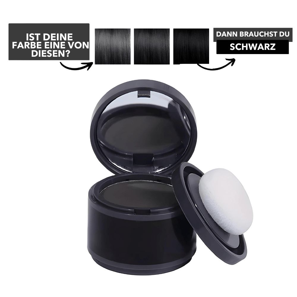 Schwarzes Haarpuder mit integriertem Spiegel und Applikator für präzises Auftragen und volles Haar.