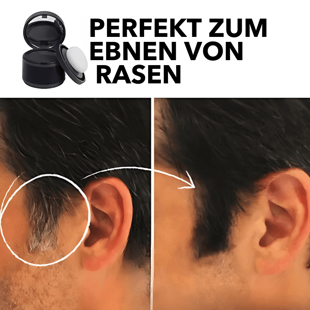 Vorher-Nachher-Vergleich: Haarpuder kaschiert graue Haare und sorgt für ein gleichmäßiges Finish.