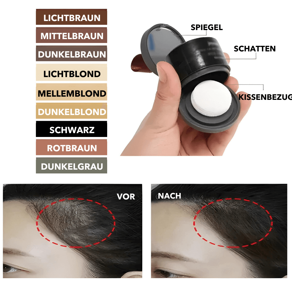 Farbübersicht des Haarpuders – verschiedene Nuancen für ein natürliches Haarbild.