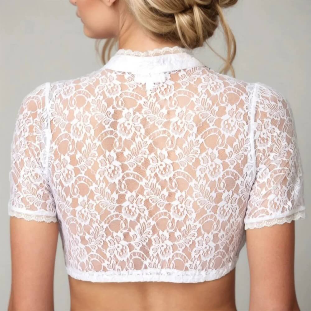 Trachtenbluse Damen mit Spitze | Kurzarm Dirndlbluse Weiß