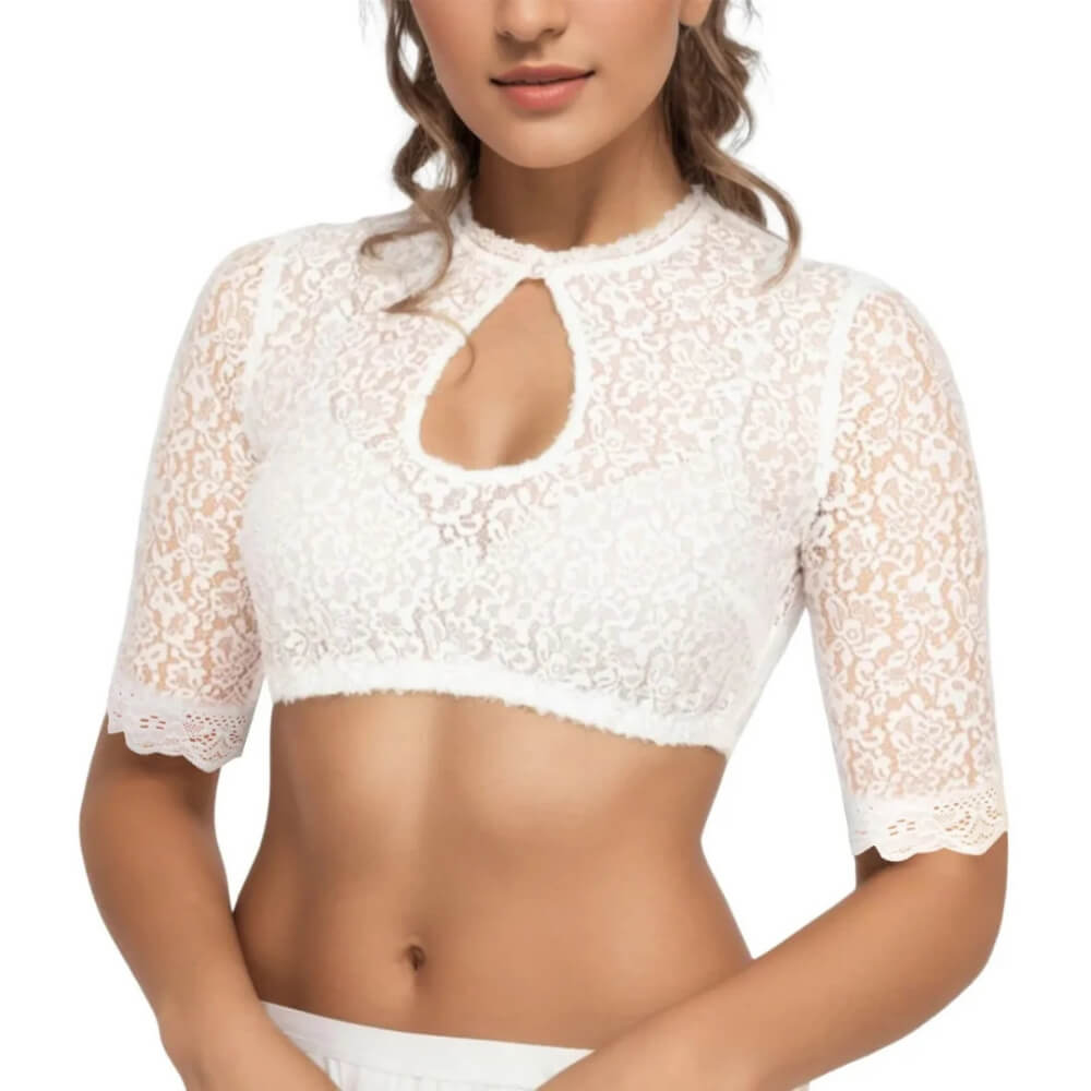 Trachtenbluse Damen mit Spitze | Kurzarm Dirndlbluse Weiß