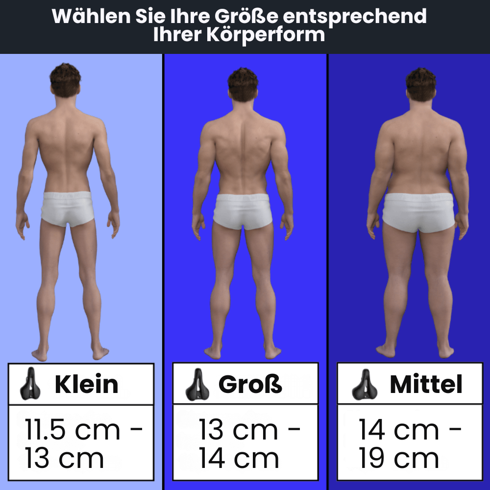 Auswahlhilfe für Fahrradsattelgrößen basierend auf Körperform und Sitzknochenabstand in Zentimetern.