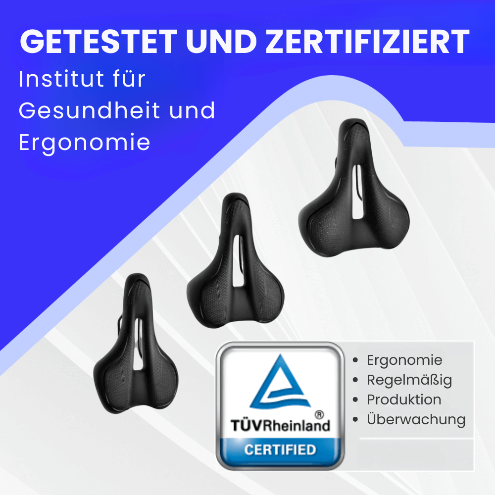 TÜV-zertifizierter ergonomischer Fahrradsattel in drei Größen – getestet vom Institut für Gesundheit und Ergonomie.
