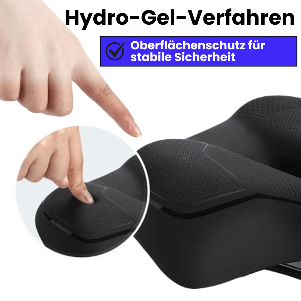 Fahrradsattel mit weichem Hydro-Gel-Polster für stoßdämpfende Unterstützung und rutschfeste Oberfläche.
