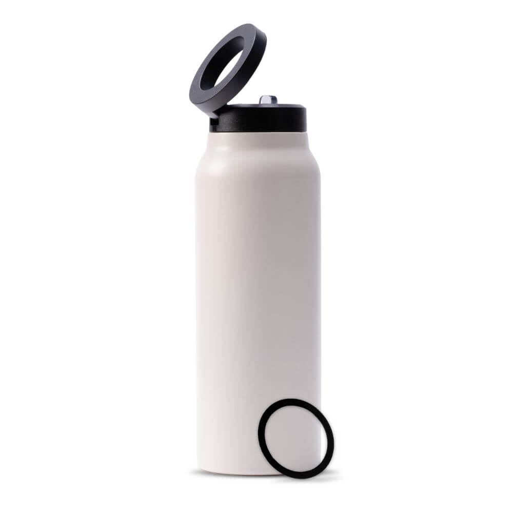 Stilvolle beige Wasserflasche mit praktischem Griffdeckel – perfekt für unterwegs und nachhaltiges Trinken.