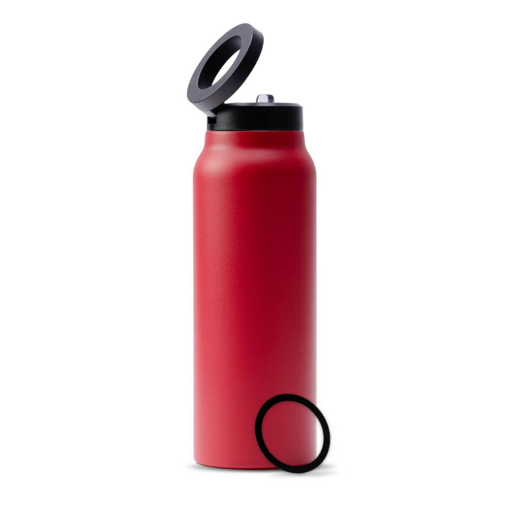 Rote Edelstahl-Trinkflasche mit trendigem Design – ideal für Sport und Outdoor.