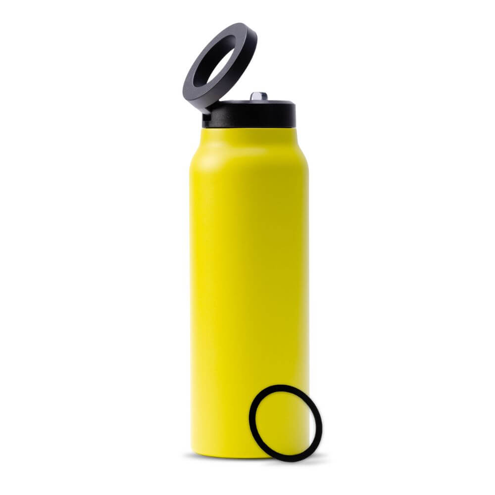 Gelbe Trinkflasche mit innovativem Griffdesign – ideal für Sport und Reisen.