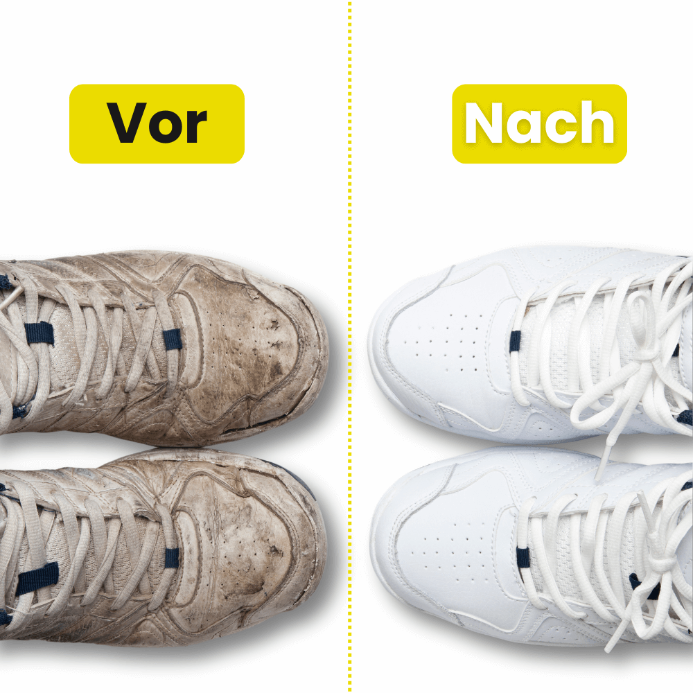 Vorher-Nachher-Bild von Schuhen: links schmutzig, rechts sauber nach der Anwendung von KickFresh.