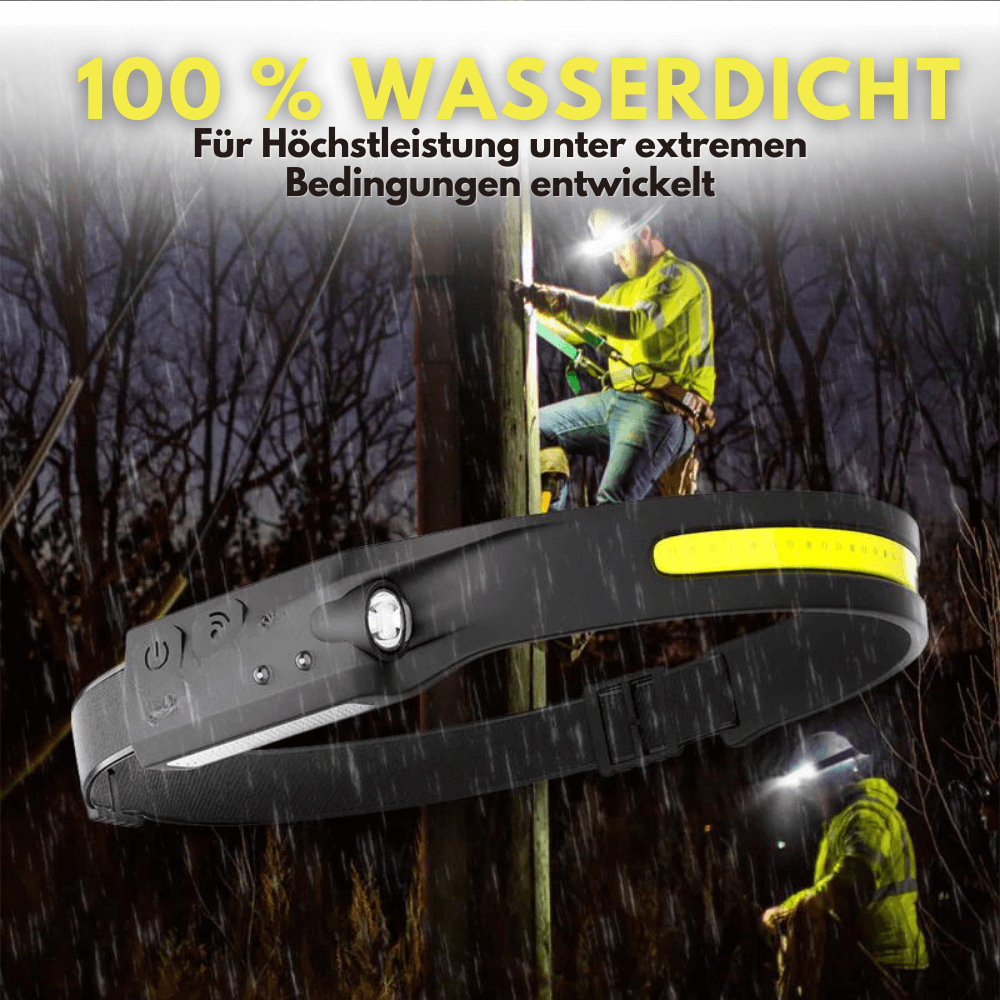 Nutzer trägt die leichte LumiWerk Stirnlampe bei einem Camping-Abenteuer im Dunkeln