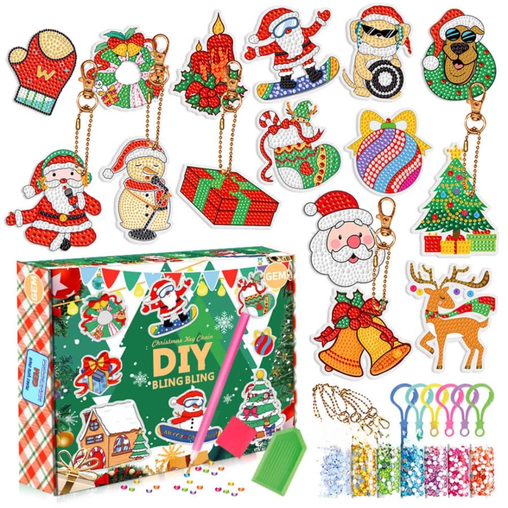 DIY-Diamant-Malerei-Weihnachtsanhänger-Set mit funkelnden Strassmotiven, darunter Weihnachtsmann, Rentier, Schneemann und Geschenke, inklusive Bastelzubehör und Aufbewahrungsbox.