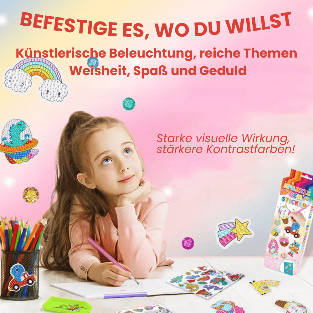 Mädchen beim kreativen Basteln mit Diamant-Stickern, umgeben von funkelnden Edelsteinmotiven wie Regenbogen, Stern und Sticker-Set-Verpackung.