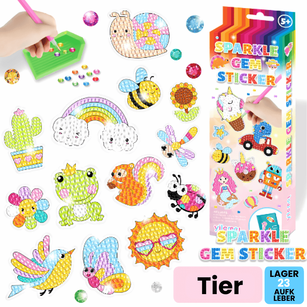 Glitzernde Tier-Sticker aus Strasssteinen, darunter Schnecke, Biene, Regenbogen und Frosch, als DIY-Diamant-Malerei-Kit für Kinder.