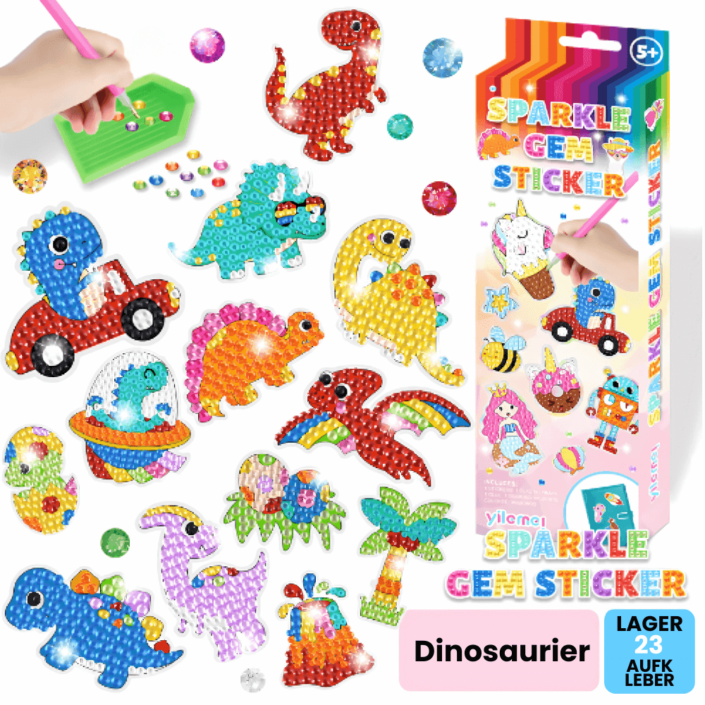 Dino-Diamant-Sticker-Set mit funkelnden Dinosauriern, Vulkan und Palmen für kreative Kinderprojekte.