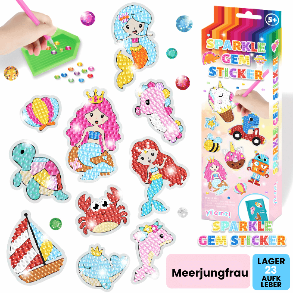 Glitzernde Meerjungfrau-Sticker mit Krabbe, Wal, Seepferdchen und Segelboot als DIY-Diamant-Klebebilder für Kinder.