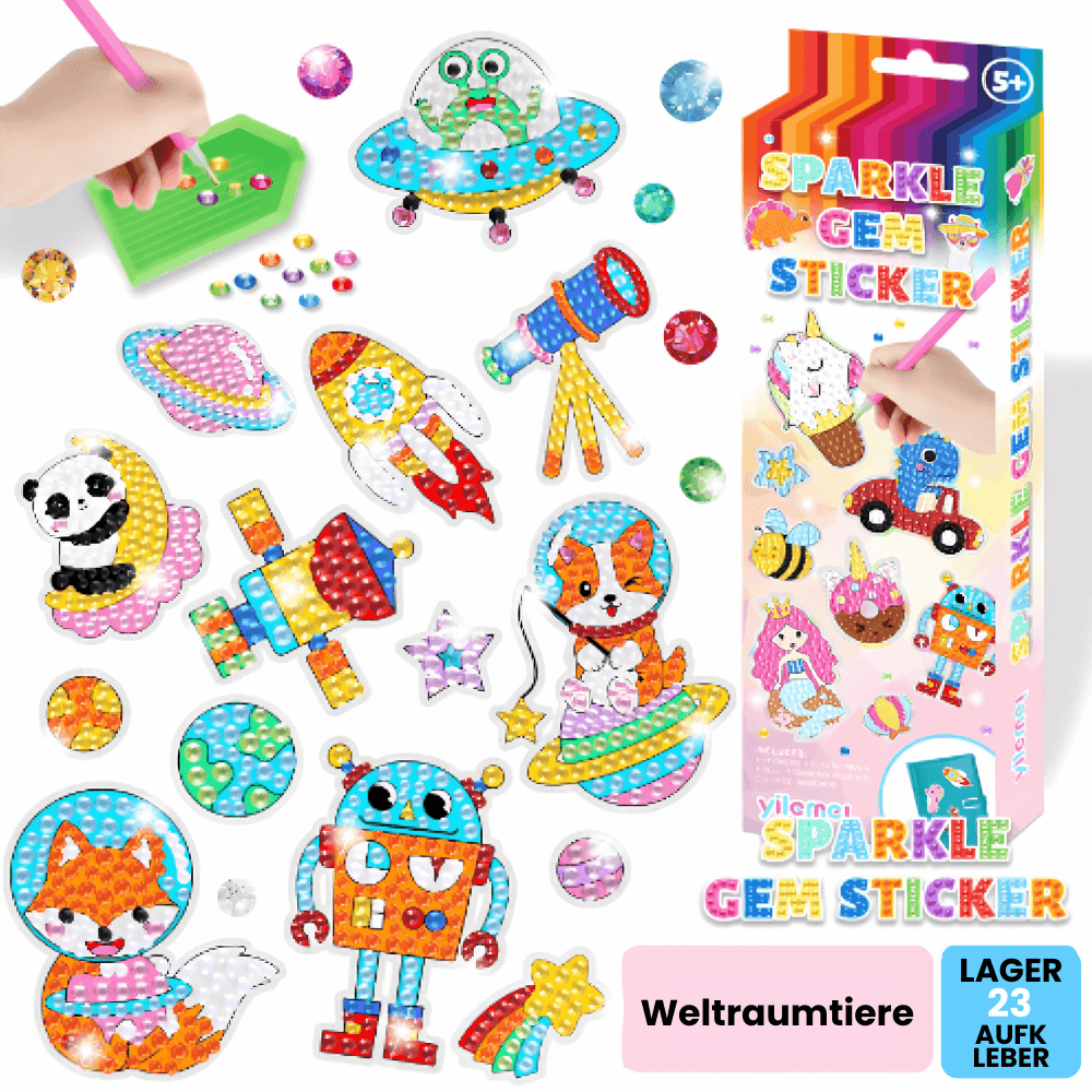 Diamantgemälde-Sticker-Set mit Weltraum-Tieren, darunter Roboter, Rakete, Panda und Ufo, für kreative Kinderprojekte.