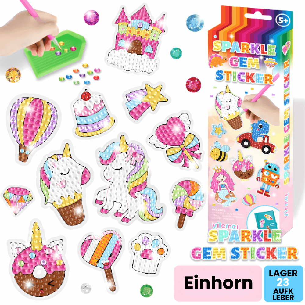 Funkelnde Einhorn-Diamant-Sticker mit Regenbogen, Schloss und Süßigkeiten, ideal für kreative Kinder.