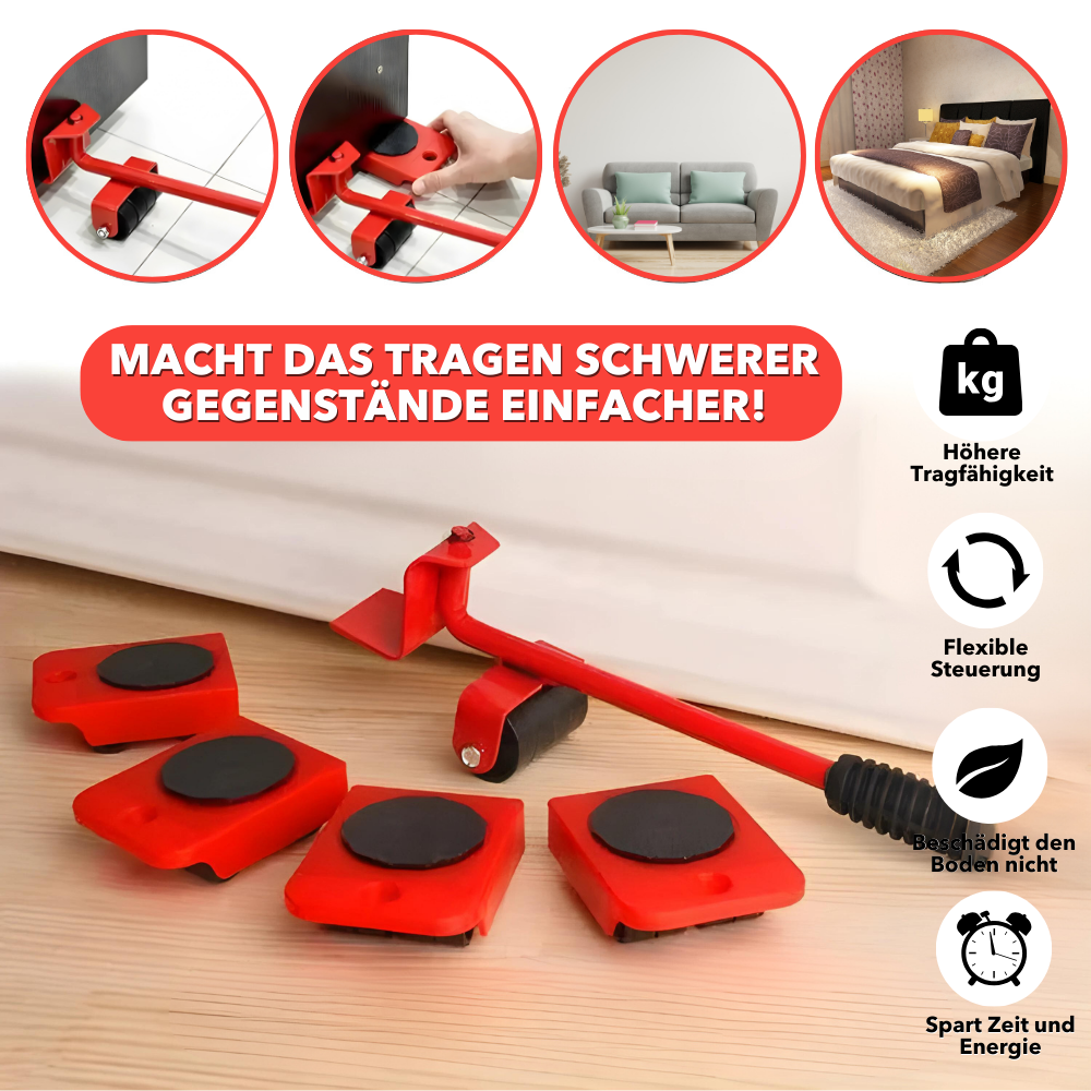 Transport-Set für Möbel in Rot – Vermeidet Rückenschmerzen durch müheloses Anheben und Rollen schwerer Objekte.
