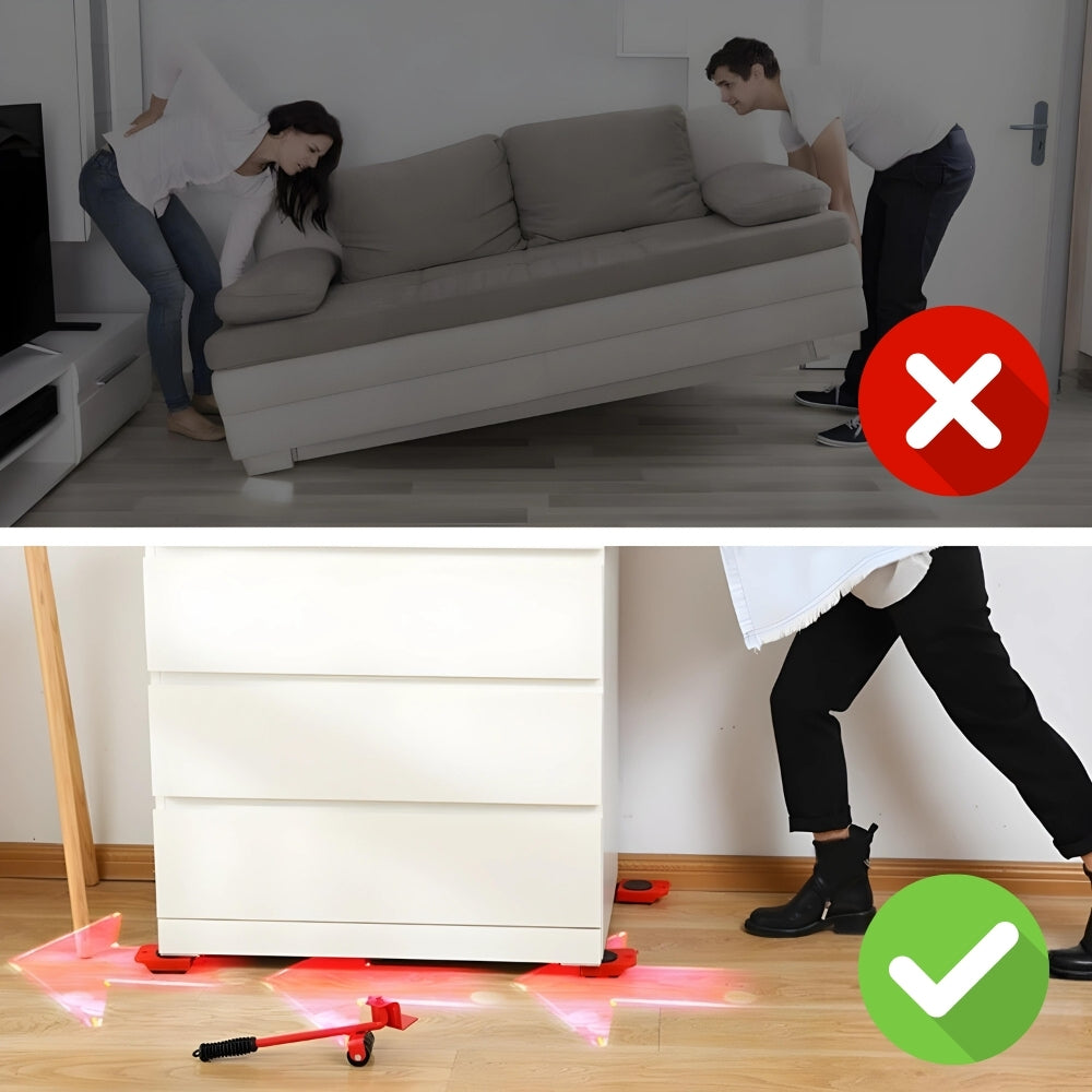 Vergleich Möbelverschiebung: Schweres Heben vs. einfaches Rollen mit MoveEase Transporthilfe.