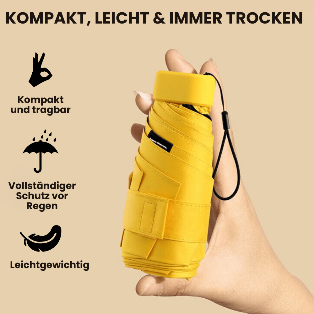 Ultraleichter gelber Regenschirm mit faltbarem Design und wasserfestem Material.