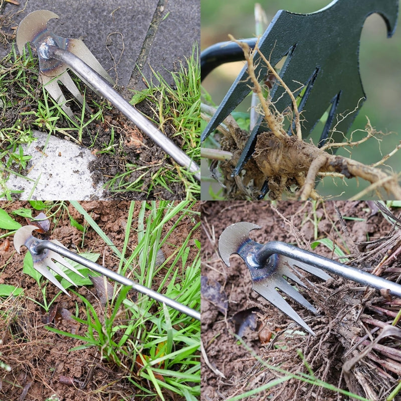 Collage von Unkrautentferner im Einsatz bei verschiedenen Bodentypen.