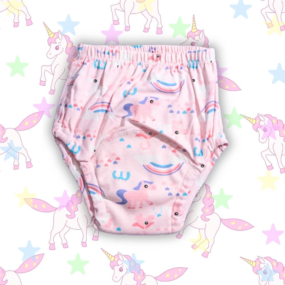 Rosa Trainingshose mit Einhorn- und Regenbogenmotiv auf pastellfarbenem Einhornhintergrund
