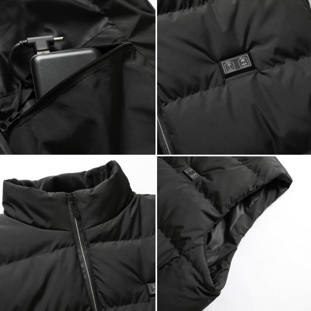 Schwarze beheizbare Weste mit Powerbankfach für Outdoor-Aktivitäten.