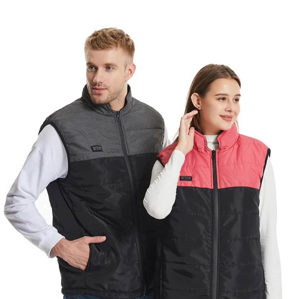 Beheizbare Westen in Rosa und Grau für Damen und Herren.
