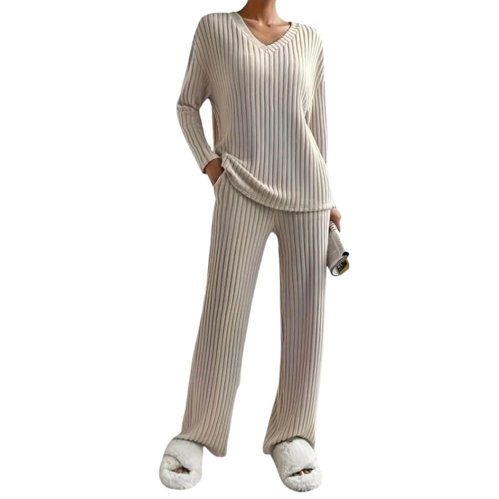 Zweiteiler Damen Sweater Set Rundhals Langarm Beige