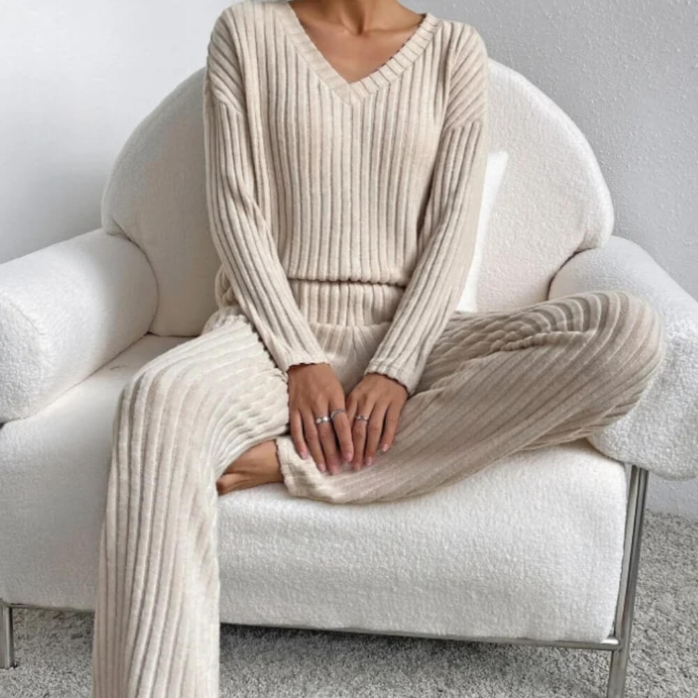 Zweiteiler Damen Sweater Set Rundhals Langarm Beige