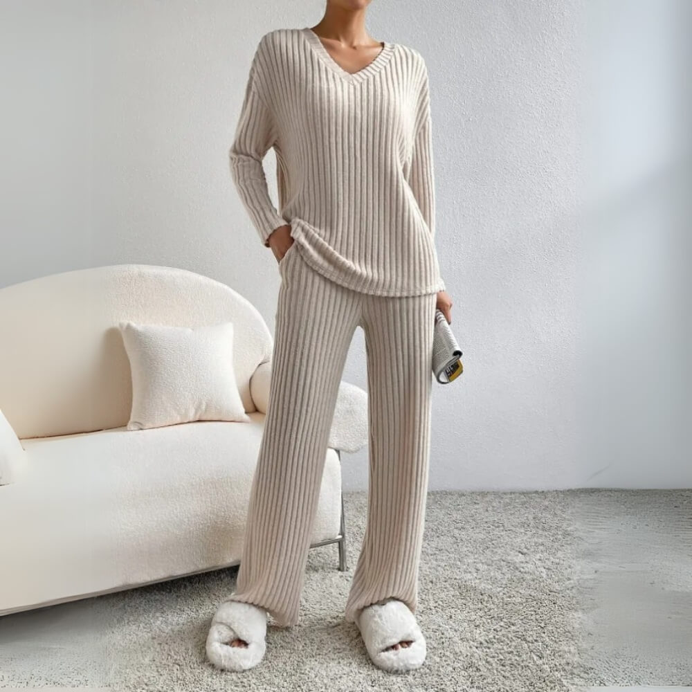 Zweiteiler Damen Sweater Set Rundhals Langarm Beige
